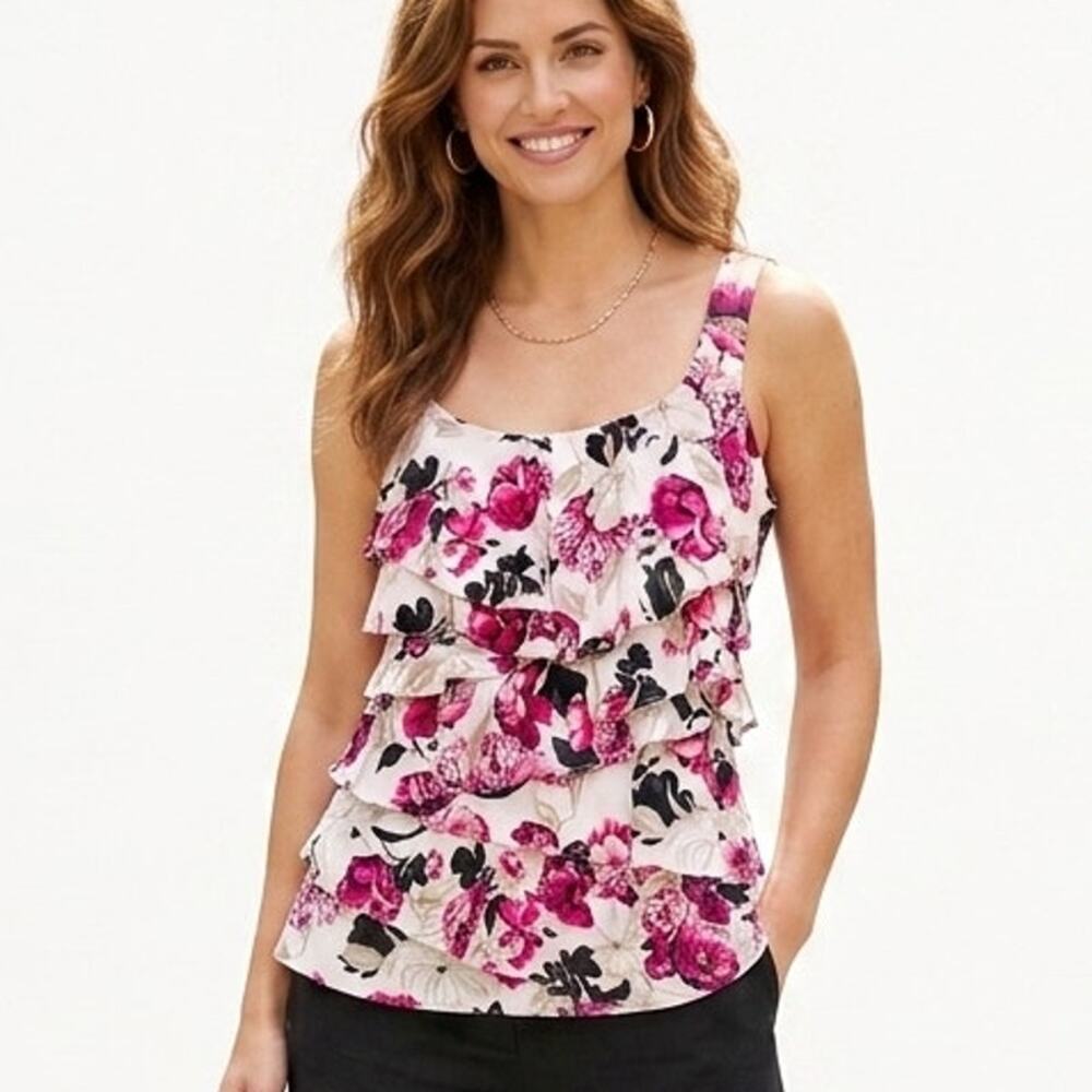 WHBM Tiered Top Womens Medium Pink Floral Ruffled Sleeveless Career Shell Tank